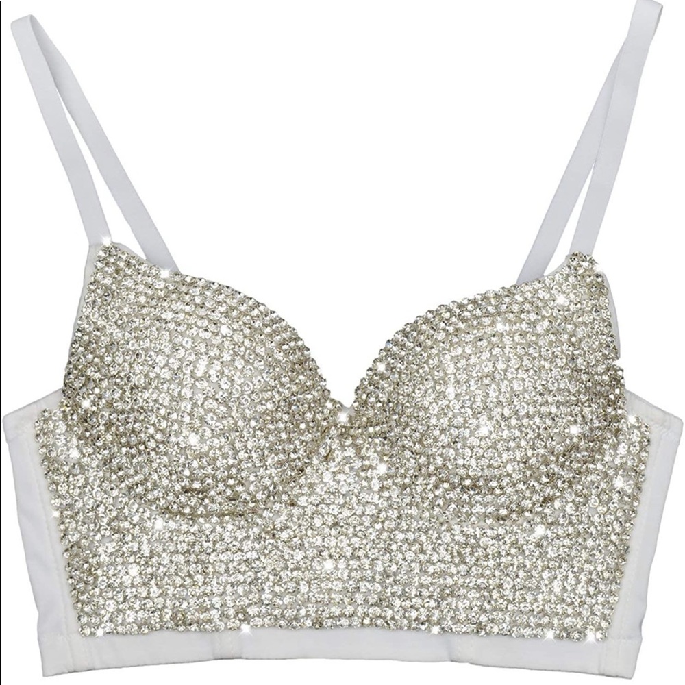 ELLACCI Handmade Rhinestone Diamond Push up Bustier/Crop Top/Corset Bra White -M